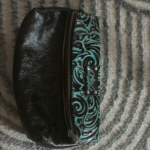 Embossed Leather Clutch - Black and Turquoise